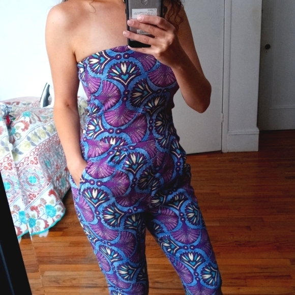 ZARA Strapless Cropped Jumpsuit Blue and Purple Size Small - Picture 2 of 4